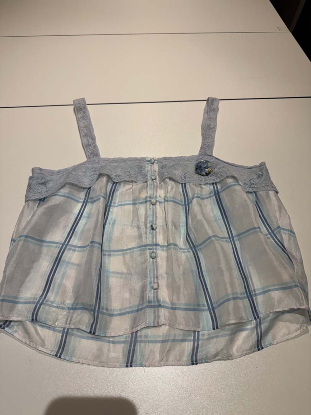LoveShackFancy Light Blue Plaid Tank Top with Lace Trim S M